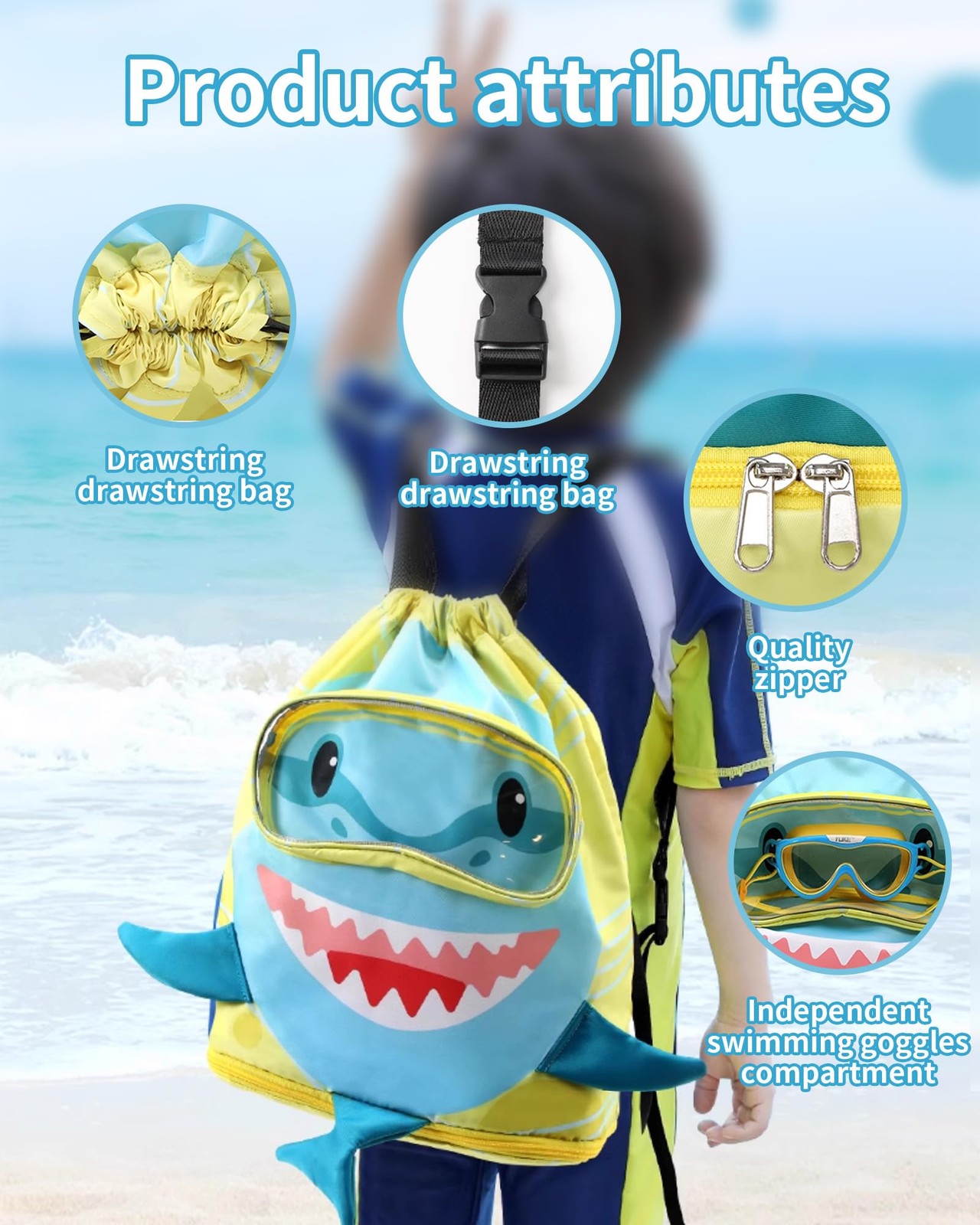 Drawstring Gym Bag Swim Bags,Waterproof Cute Big Shark Draw String Sackpack B…
