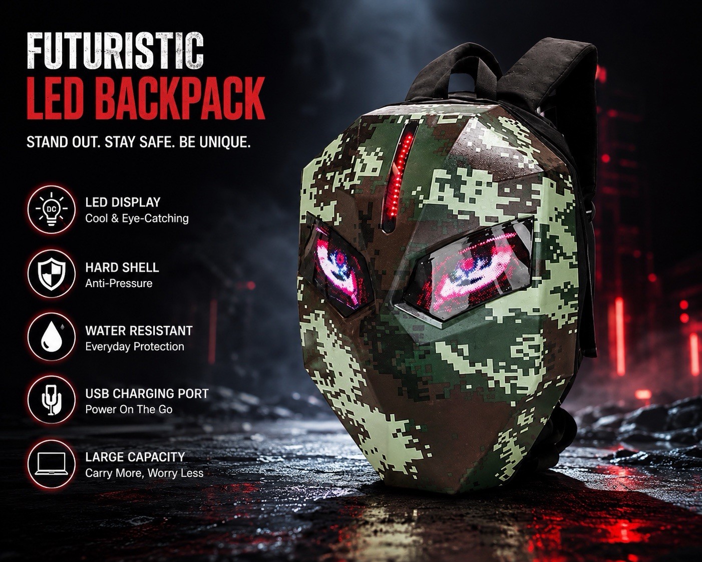 Futuristic Hard Shell LED Lights Backpack, Digital Camo, USB Charging Port, Zip