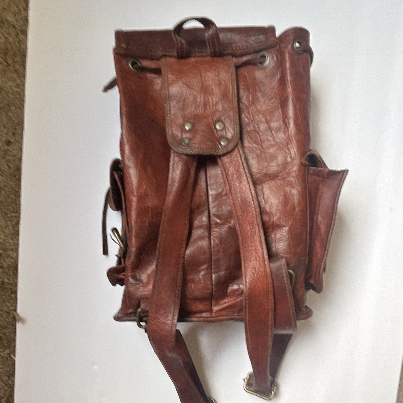 Men’s Brown Backpack Drawstring & Buckle Flap, Outer Pockets, Canvas Lined