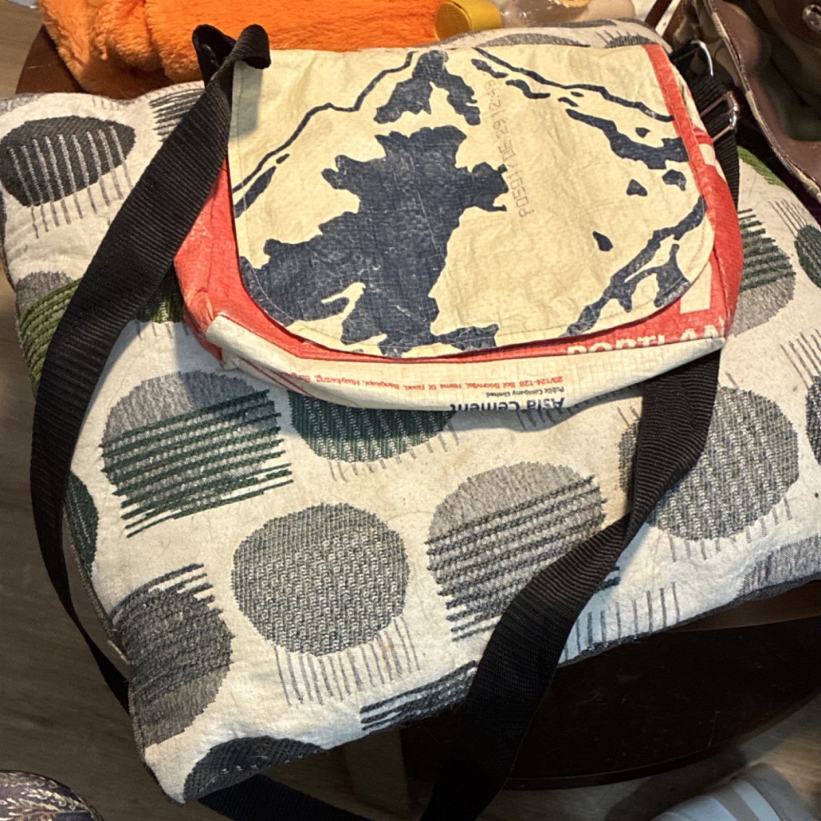 Portland Cement Upcycled Messenger Bag Graphic Print Adjustable Strap Beige Red