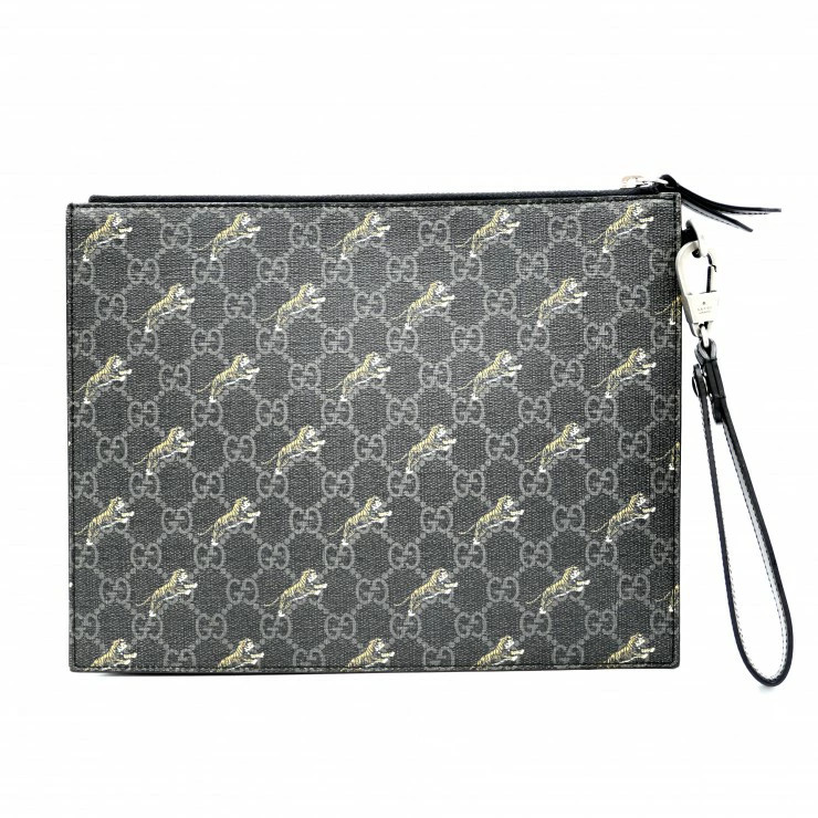 Gucci GG Supreme Tiger Print Clutch Bag Pouch Black PVC Leather Used