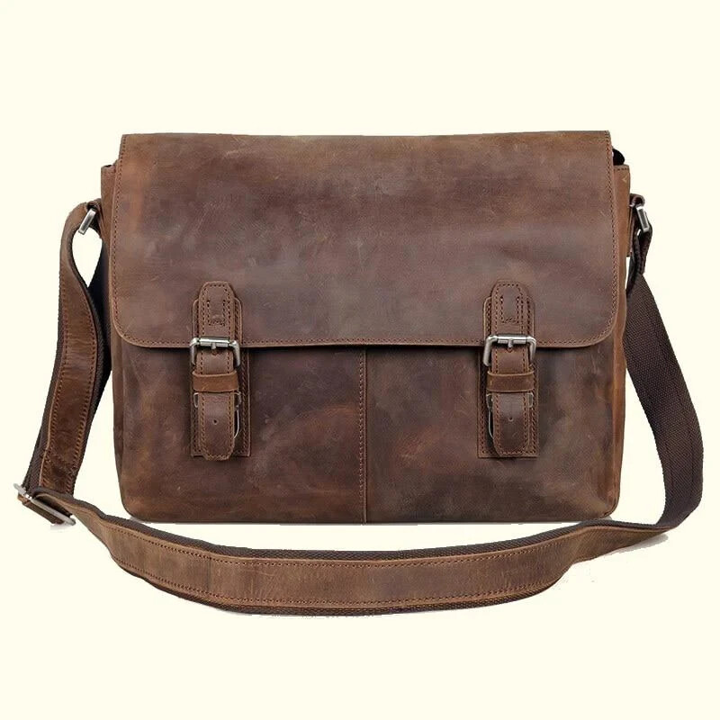 $400 James Leather Crazy Horse Cow Leather Messenger Bag | Brown | 16″x12″x4″