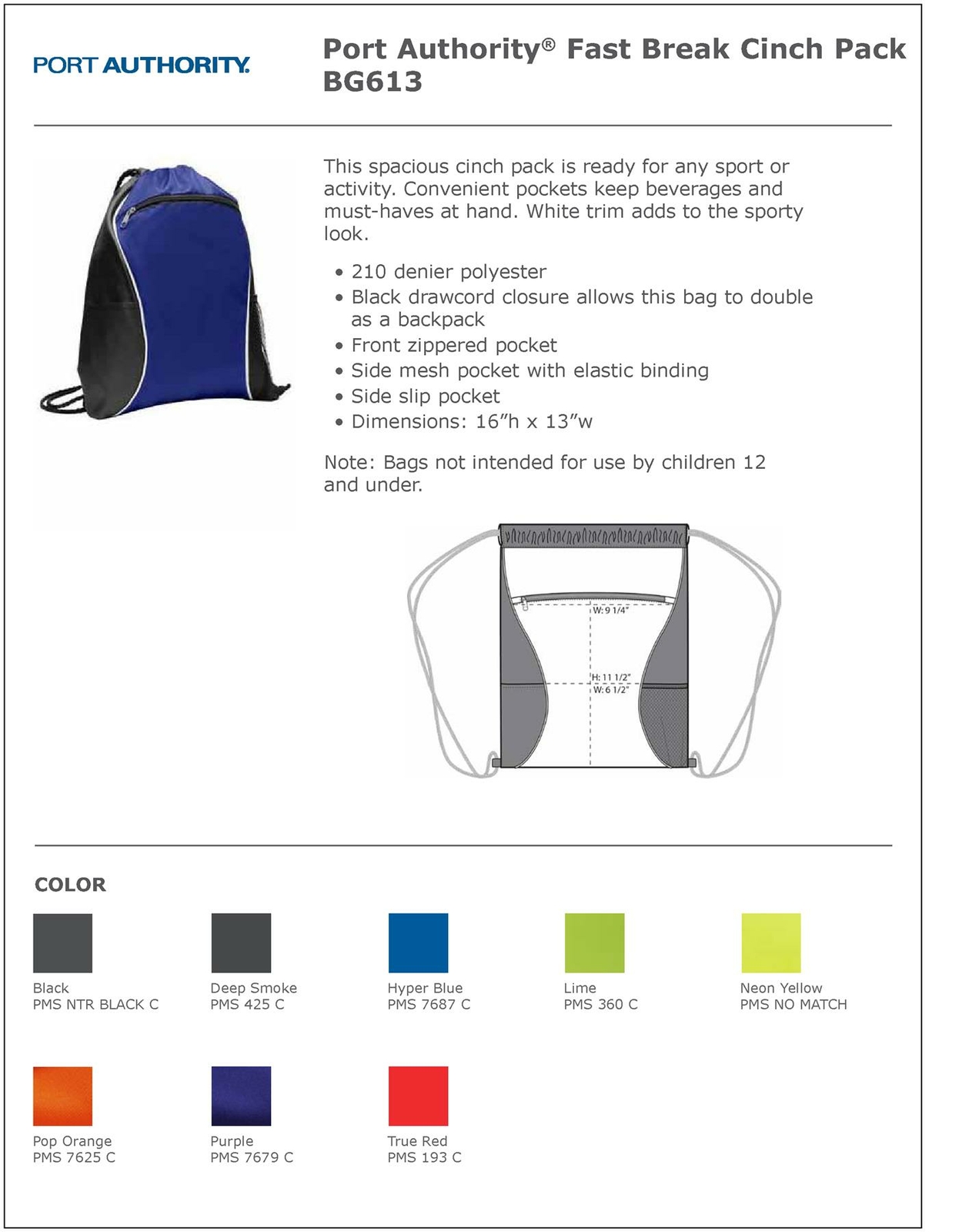 Port Authority Drawstring Backpack Cinch Sack Gym School Sport Bag BG613