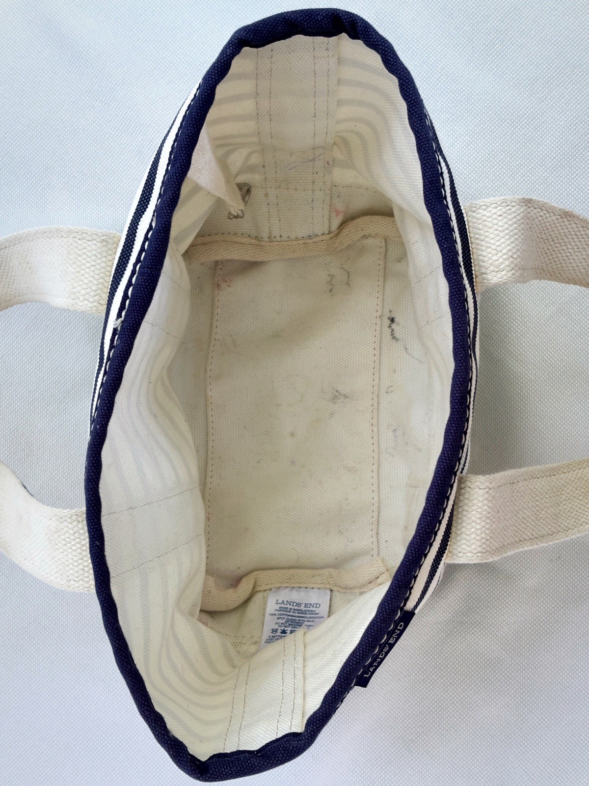 Lands’ End Canvas Tote Bag Navy White Striped Open Top Beach Preppy 12”