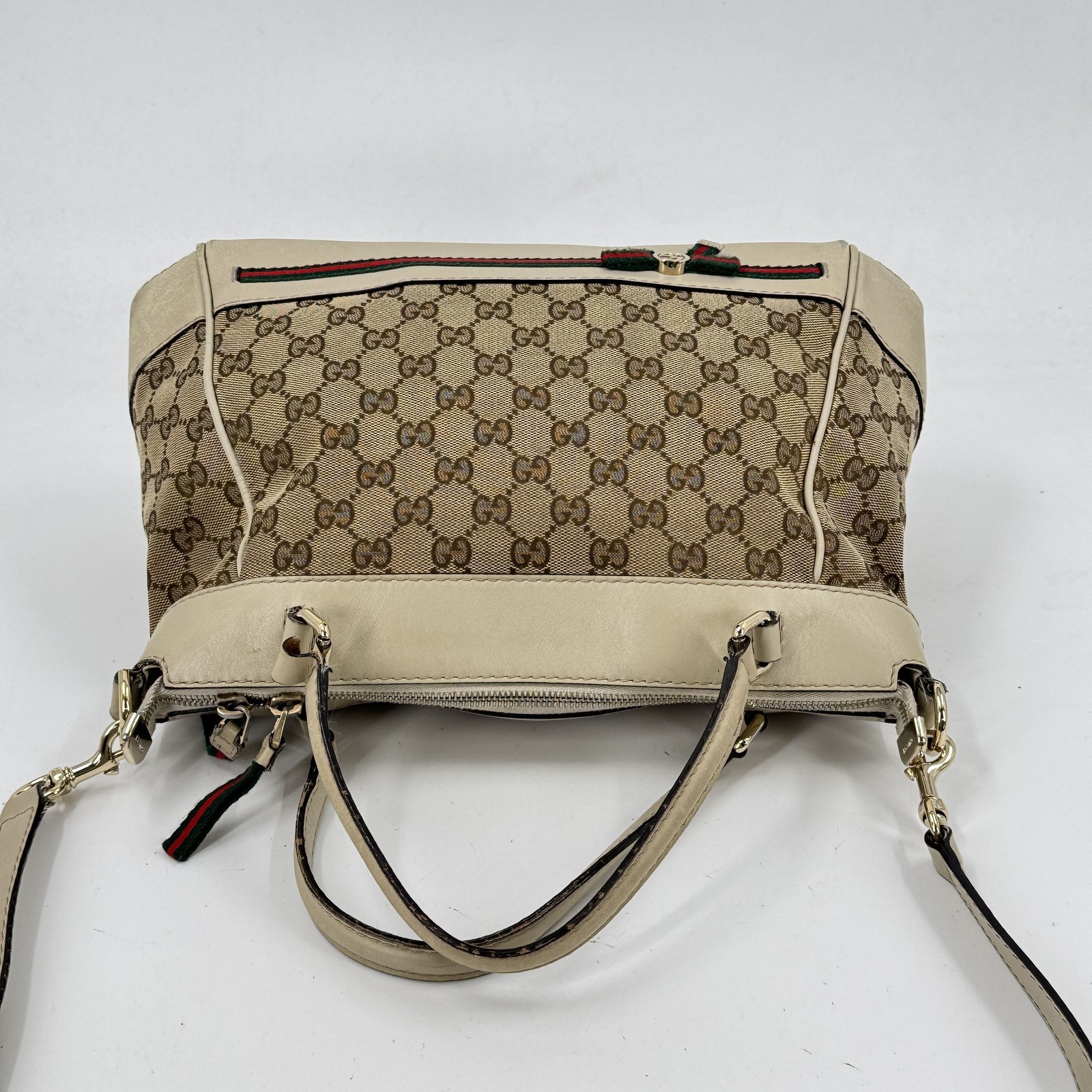 GUCCI GG Canvas Beige White Sherry Line 2WAY Handbag with Shoulder Strap