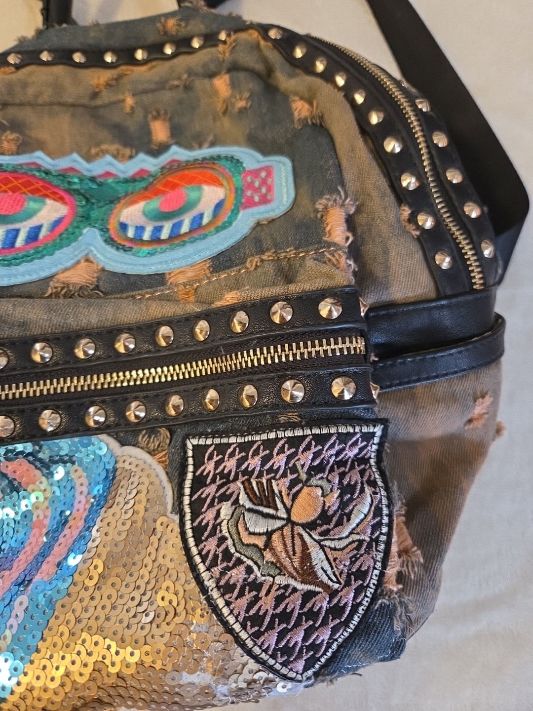 Distressed Soft Denim Backpack Patches Embroidery Sequins Eyes Grunge Studs Zip