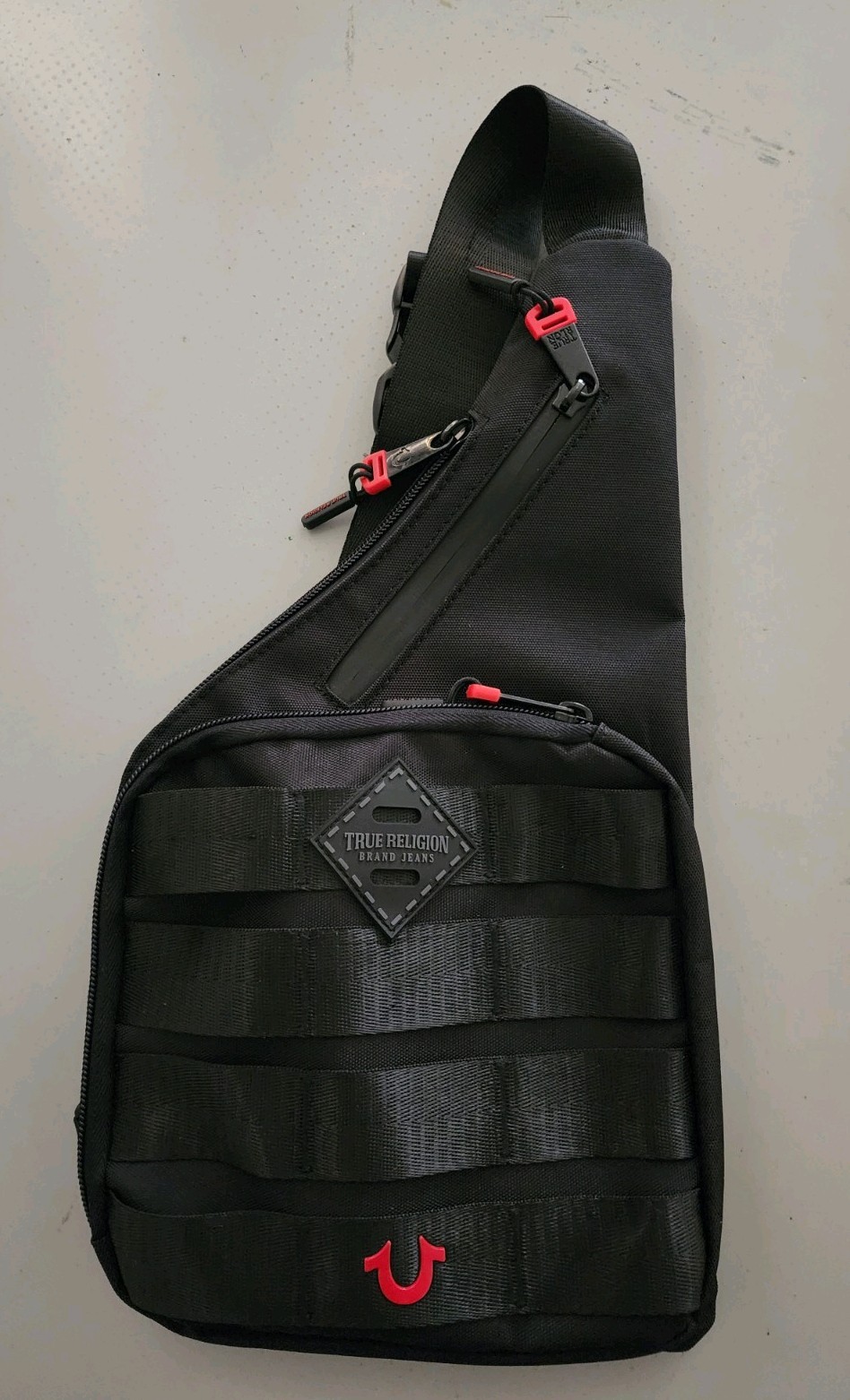 True Religion Kerr Sling Bag X-body signature Logo Black Backpack