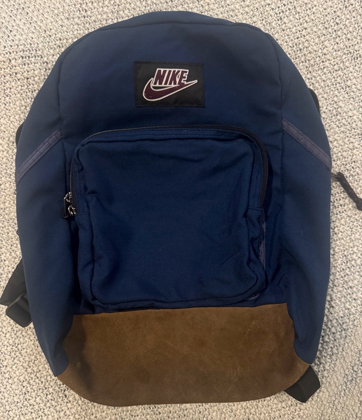 Vintage 1990s NIKE Navy Blue Backpack Swoosh Logo Nylon Suede Leather Bottom