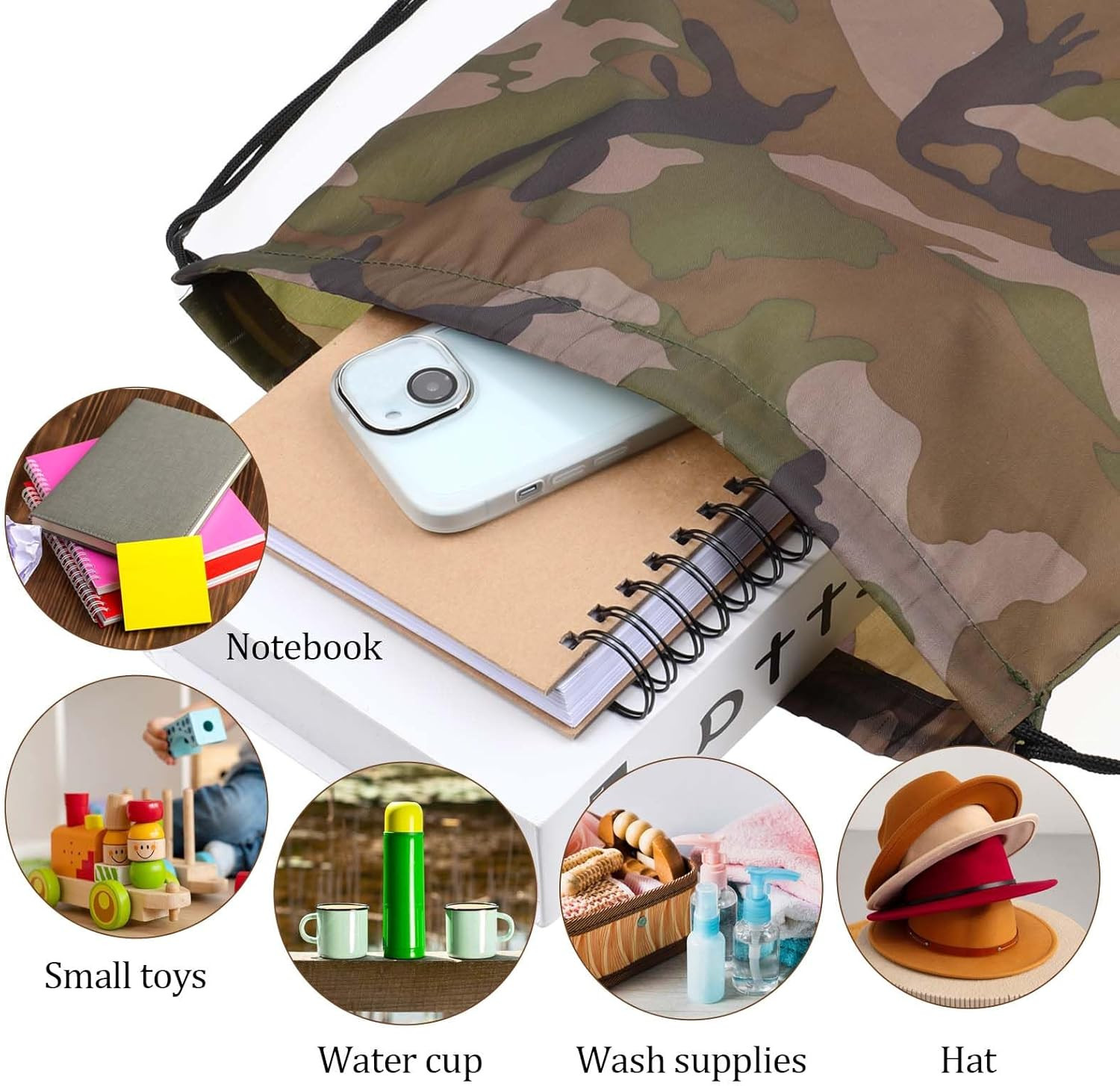2PCS Camo Bag Drawstring Backpack Draw String Bag 13.8 × 16.5 Inch Camouflage Wa