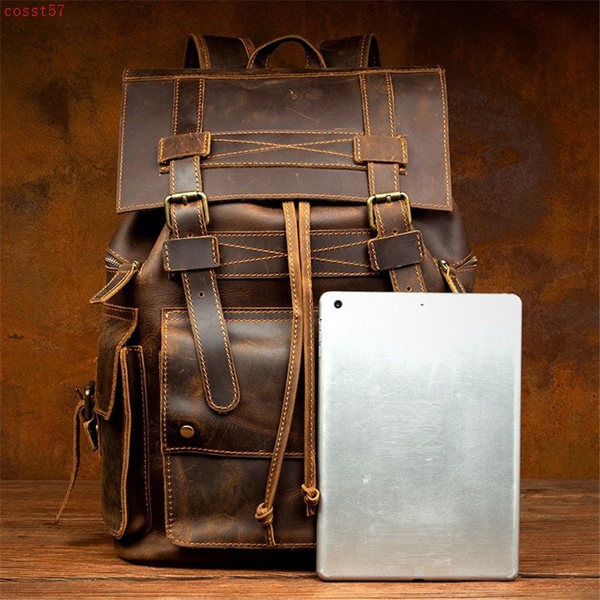 Vintage Handmade Leather Backpack Travel Bag Drawstring Multi Pocket Hiking Bag