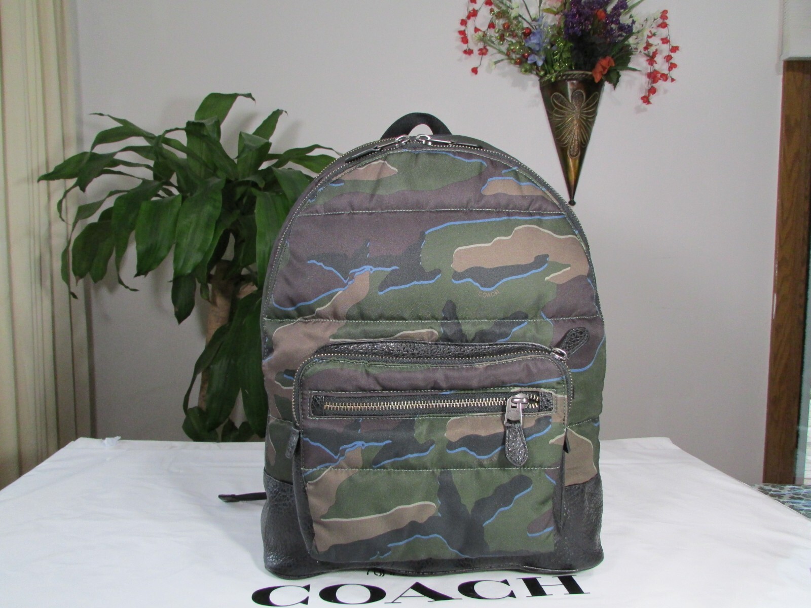 NWT Coach Men’s Nylon & Leather Camo West Backpack F31319 Green Multi