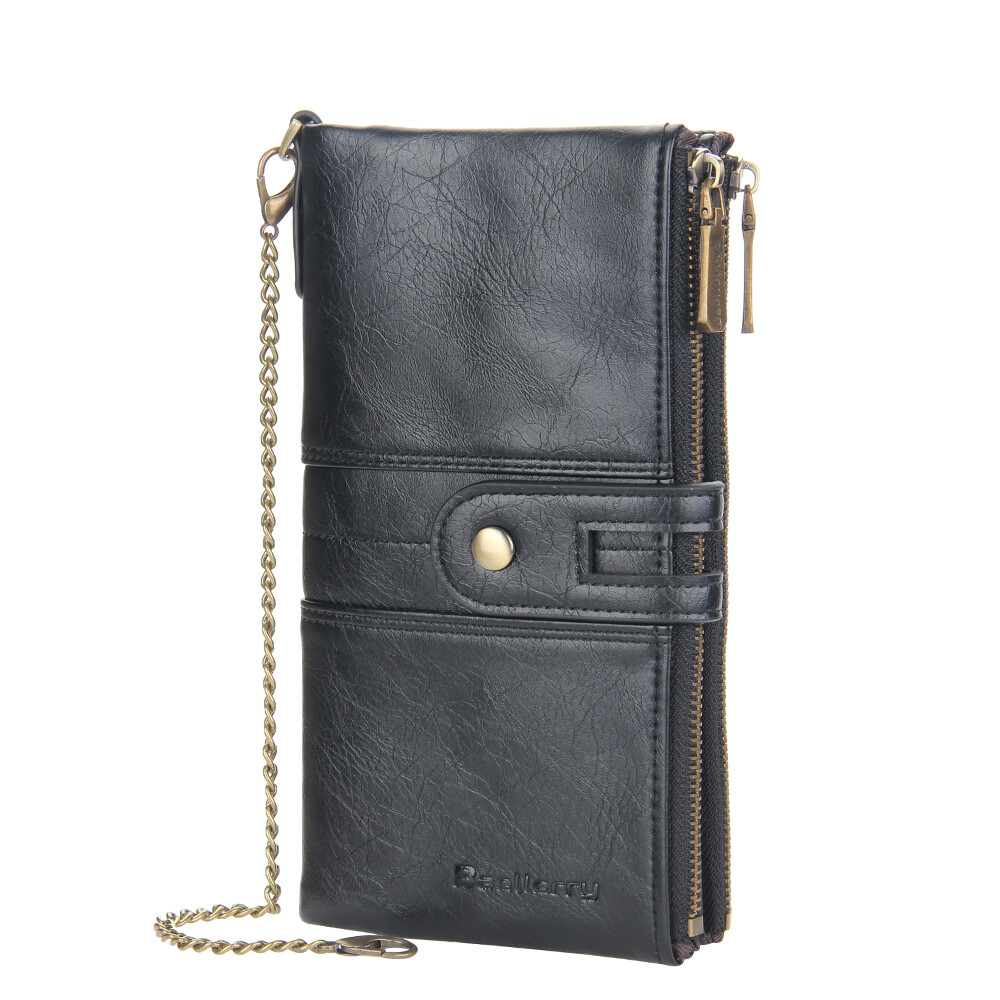 Men Wallet with Anti-Theft Chain RFID Blocking Leather Purse Zipper Phone Holder