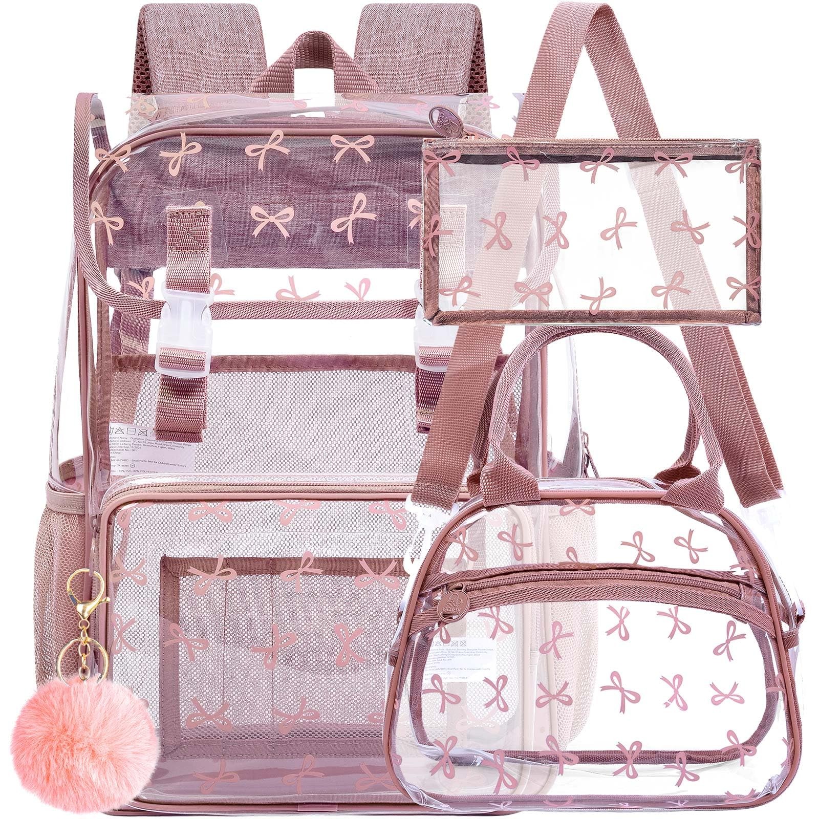17″ Bow Clear Backpack for Girls – 3Pcs Flip Design Stadium Approved Set, Cam…
