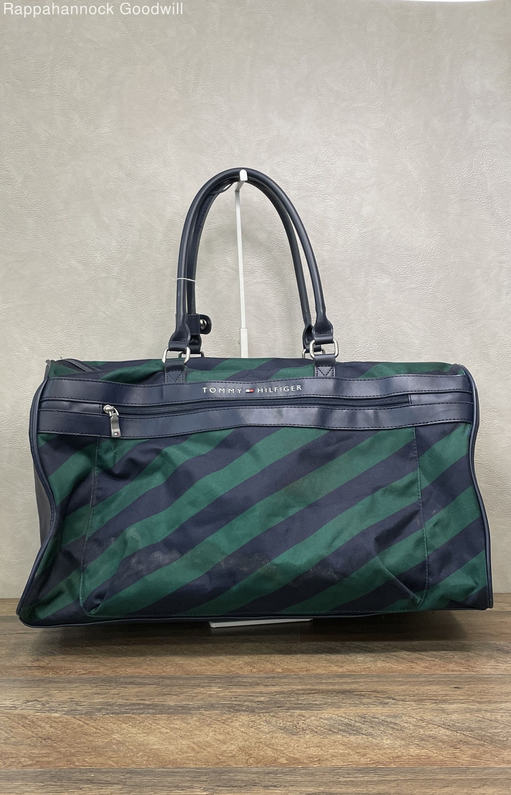 Tommy Hilfiger Navy Green Diagonal Striped Canvas Duffel Weekender Travel Bag