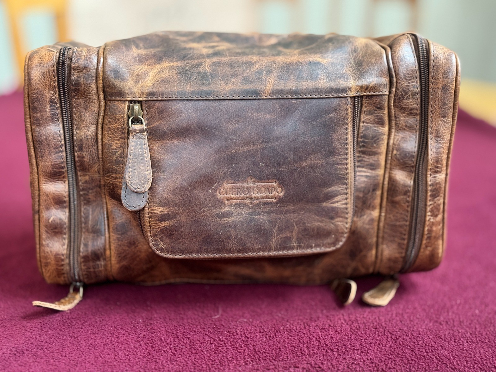 Large Full Grain Leather Dopp Kit Shaving Toiletry Travel Bag Brown