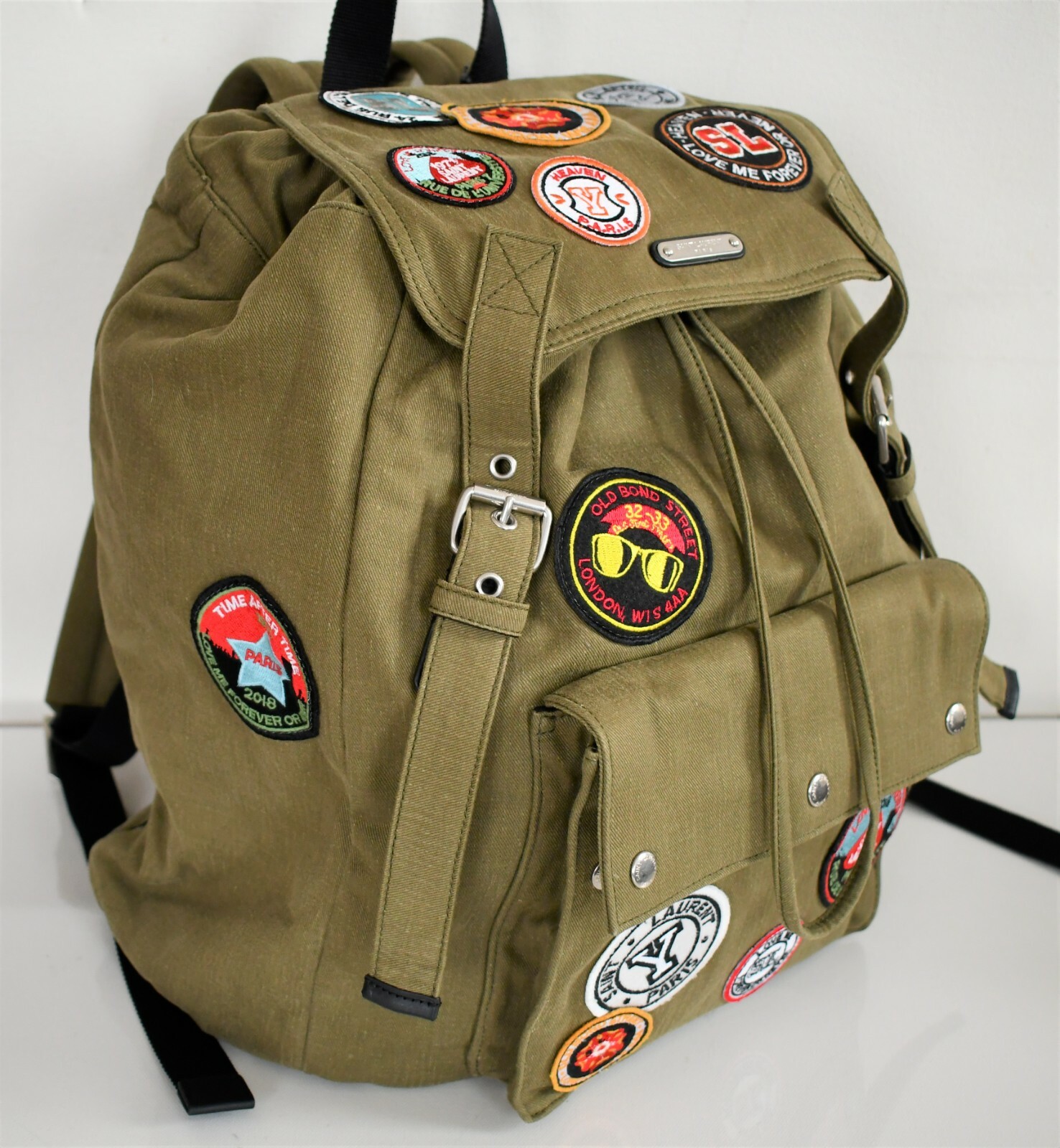🆕️ Authentic SAINT LAURENT Green NOE MULTICOLORED PATCHES Canvas BACKPACK