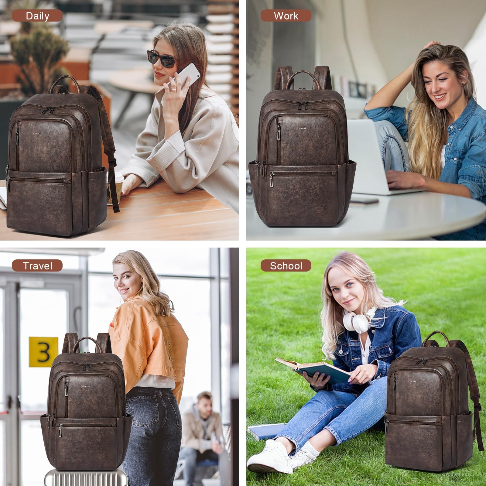 Leather 17 inch Laptop Backpack for Women, Large Travel Backpack Purse for Ca