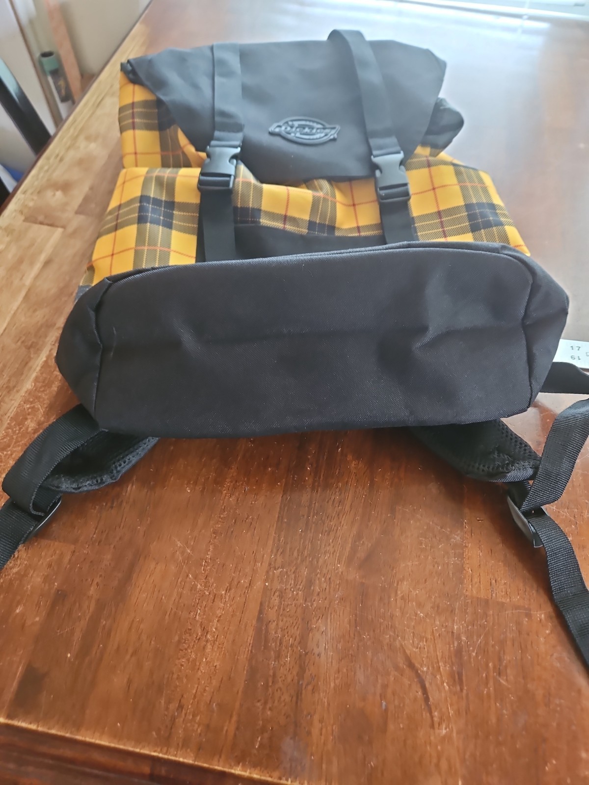 Dickies Backpack Black Yellow Plaid Flap Shoulder Adjustable Strap Drawstring