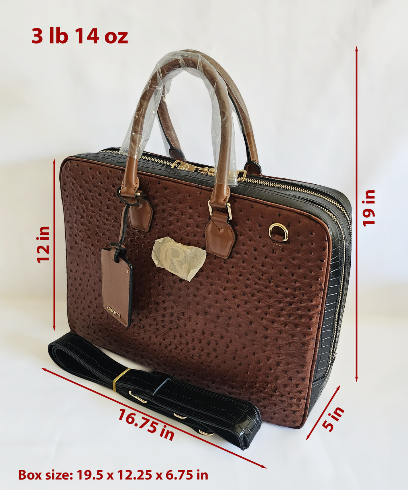 New GIROTTI Men’s Briefcase Brown Ostrich & Black Croc-Stamped Leather W/ Strap