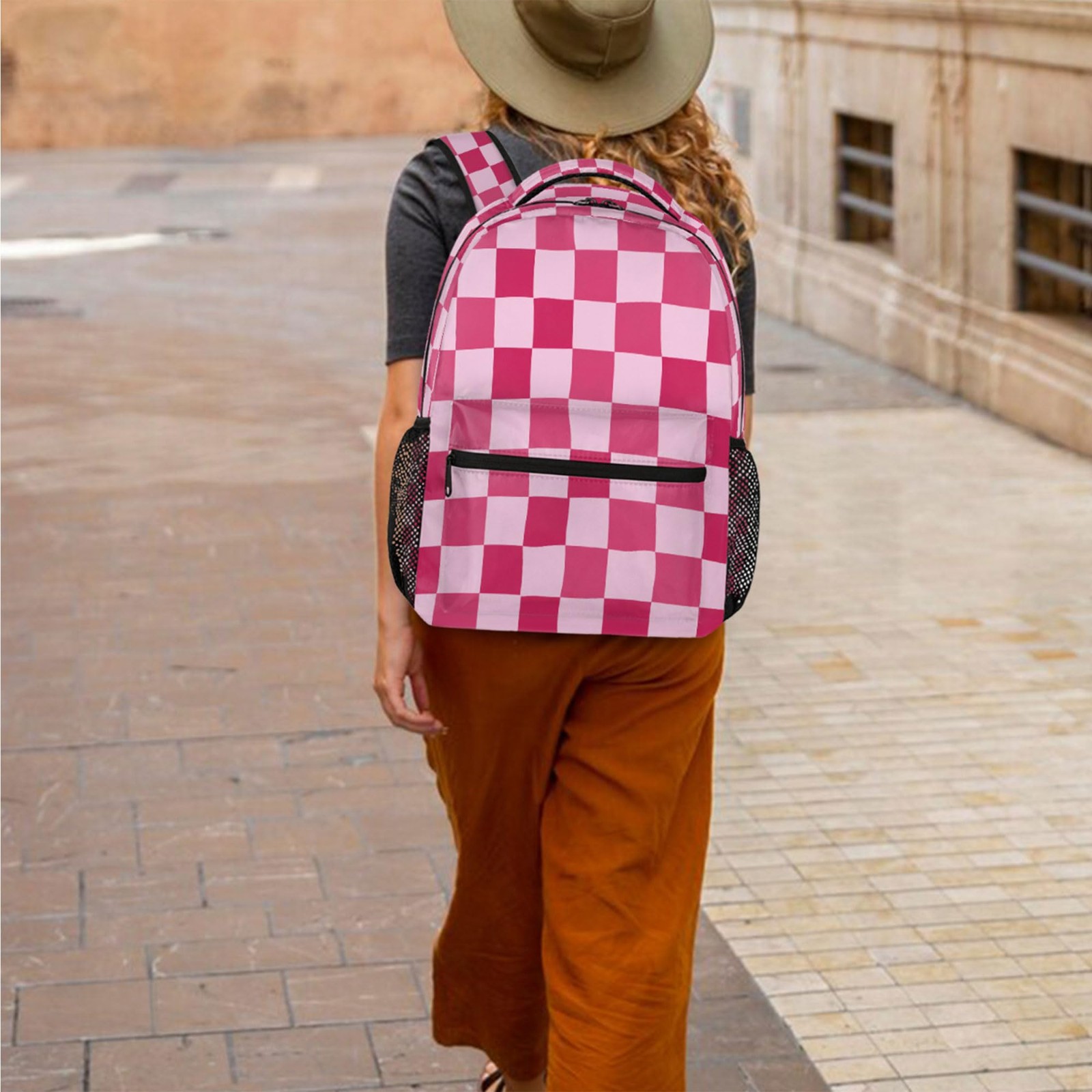 Pink Checkered Laptop Backpack Travel Daypack Bookbag For School Teens