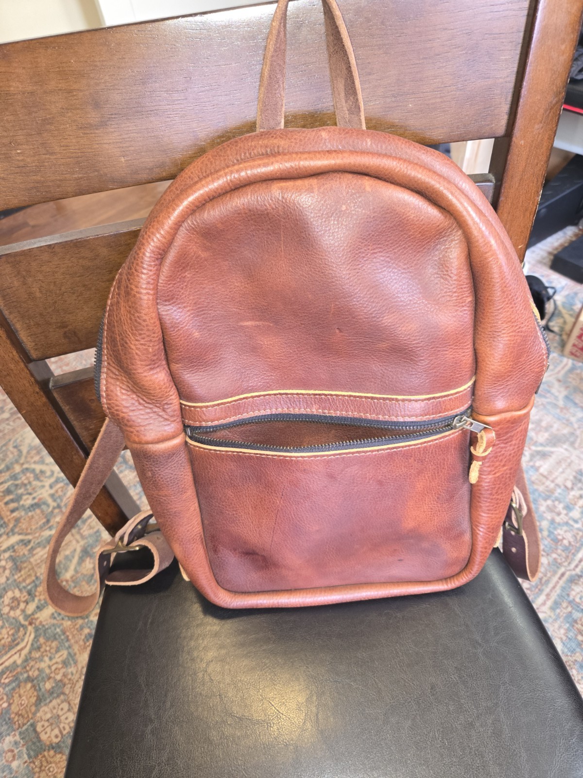 Go Forth Goods Classic Zippered Leather Backpack Medium Saddle – New – See Photo
