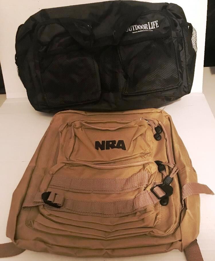 NRA BACK PACK AND OUTDOOR LIFE DUFFLE BAG WITH INSIDE REMOVABLE BAG