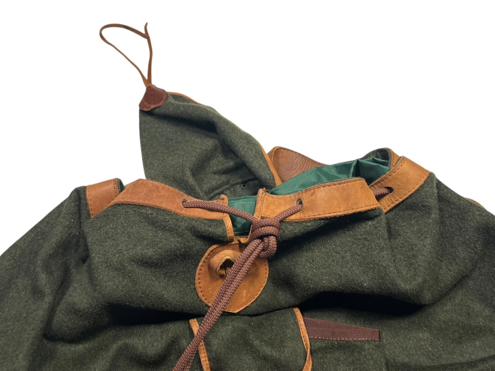 Vtg UNBRANDED Green/Brown BEAUTIFUL WOOL/LEATHER BACKPACK Travel Hike Gear Bag