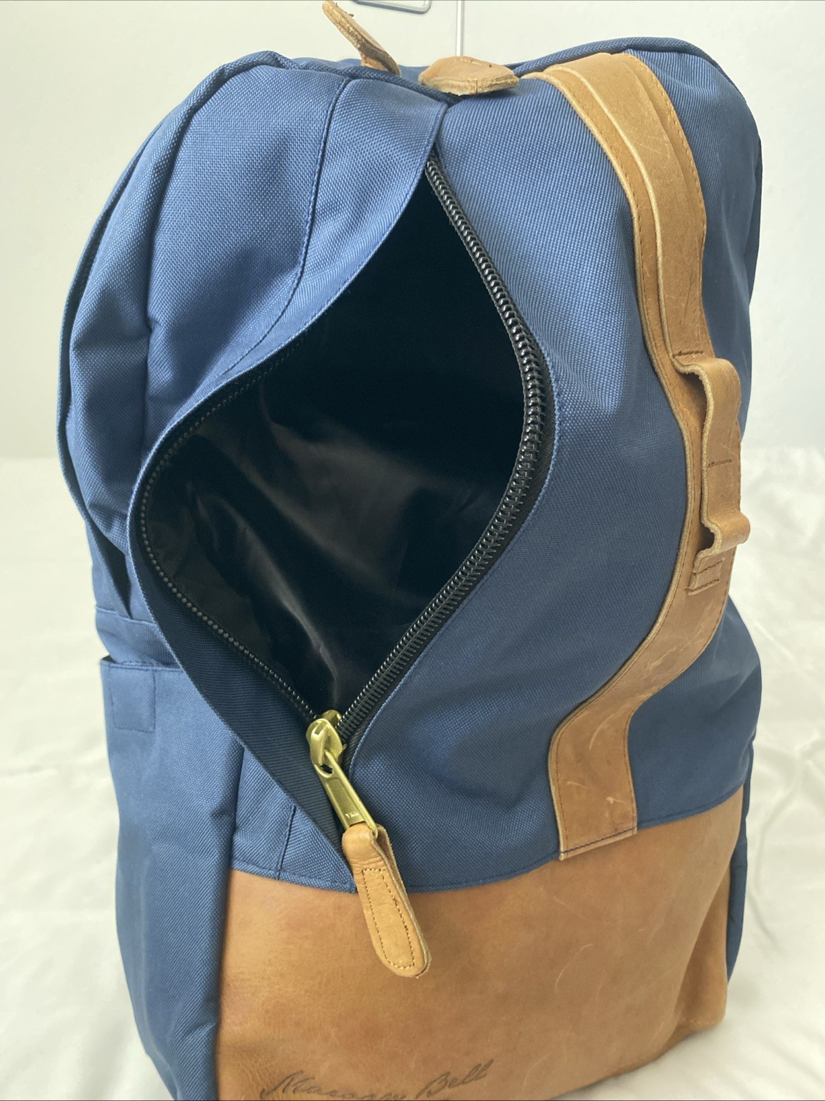 Maroon Bell Outdoor Weekender Backpack Blue With Brown Leather