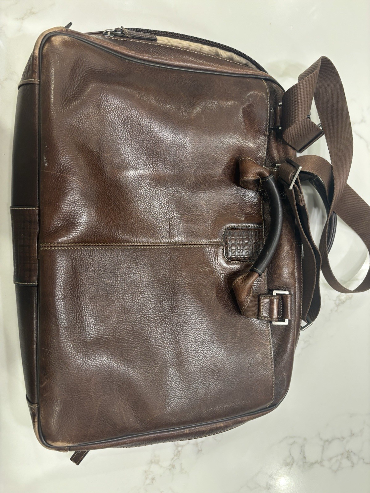 Boconi Leather Briefcase for Men Zip Closure Inner Pockets Classic Solid