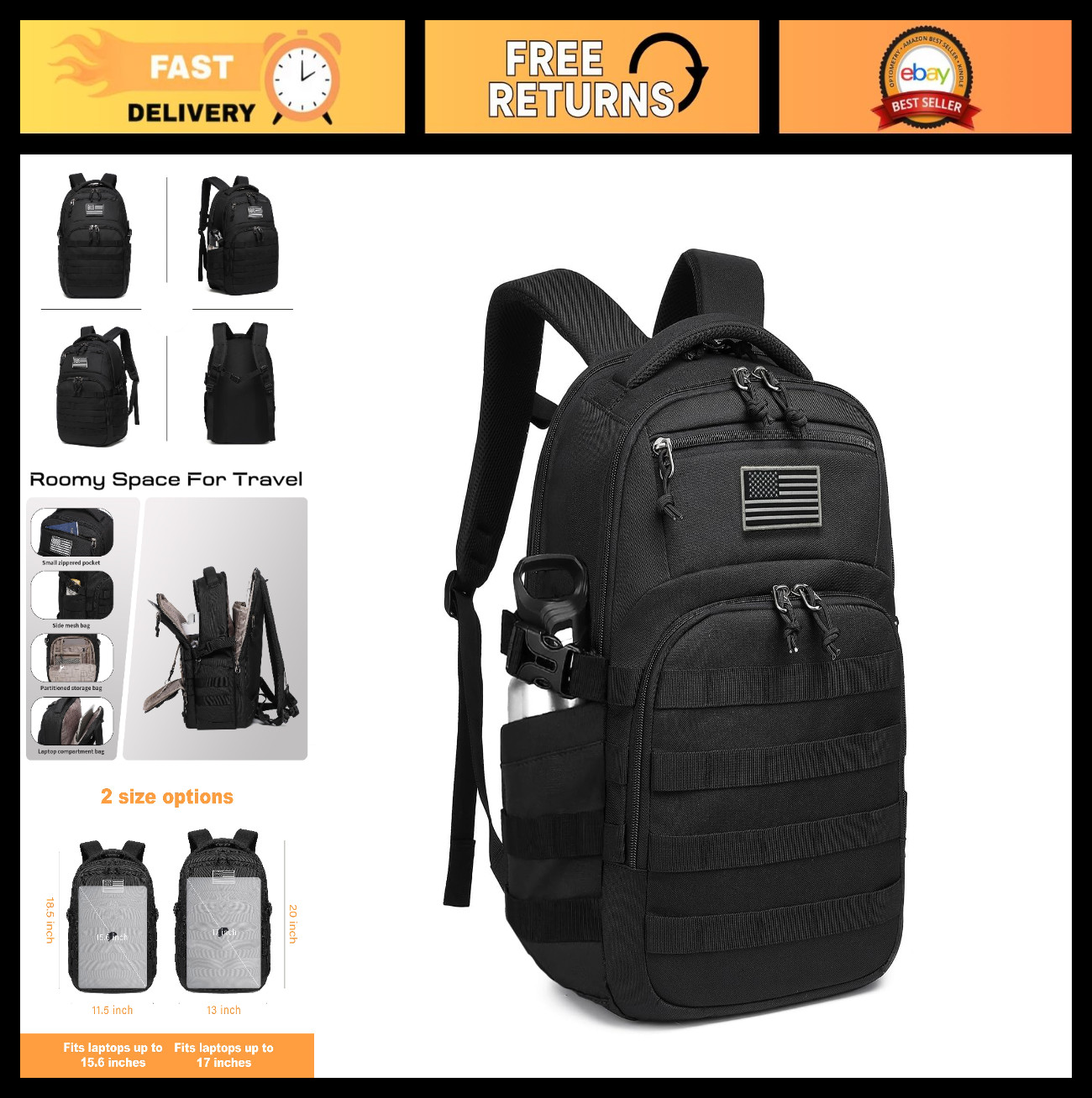 Tactical Military Backpack – Small Black Assault Bag for Men, Outdoor Gear