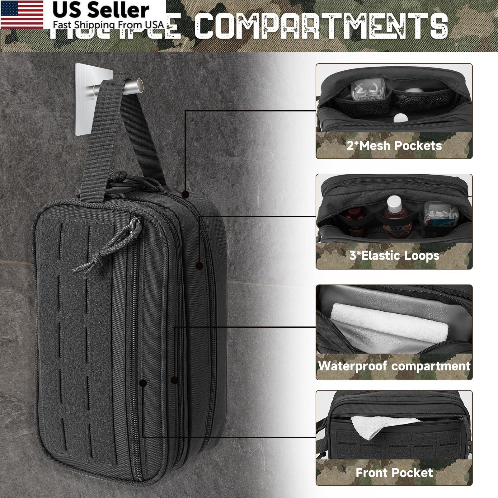 QT&QY Tactical Toiletry Bag For Men 10.4 x 4.3 x 5.9 inches, 1 US Black