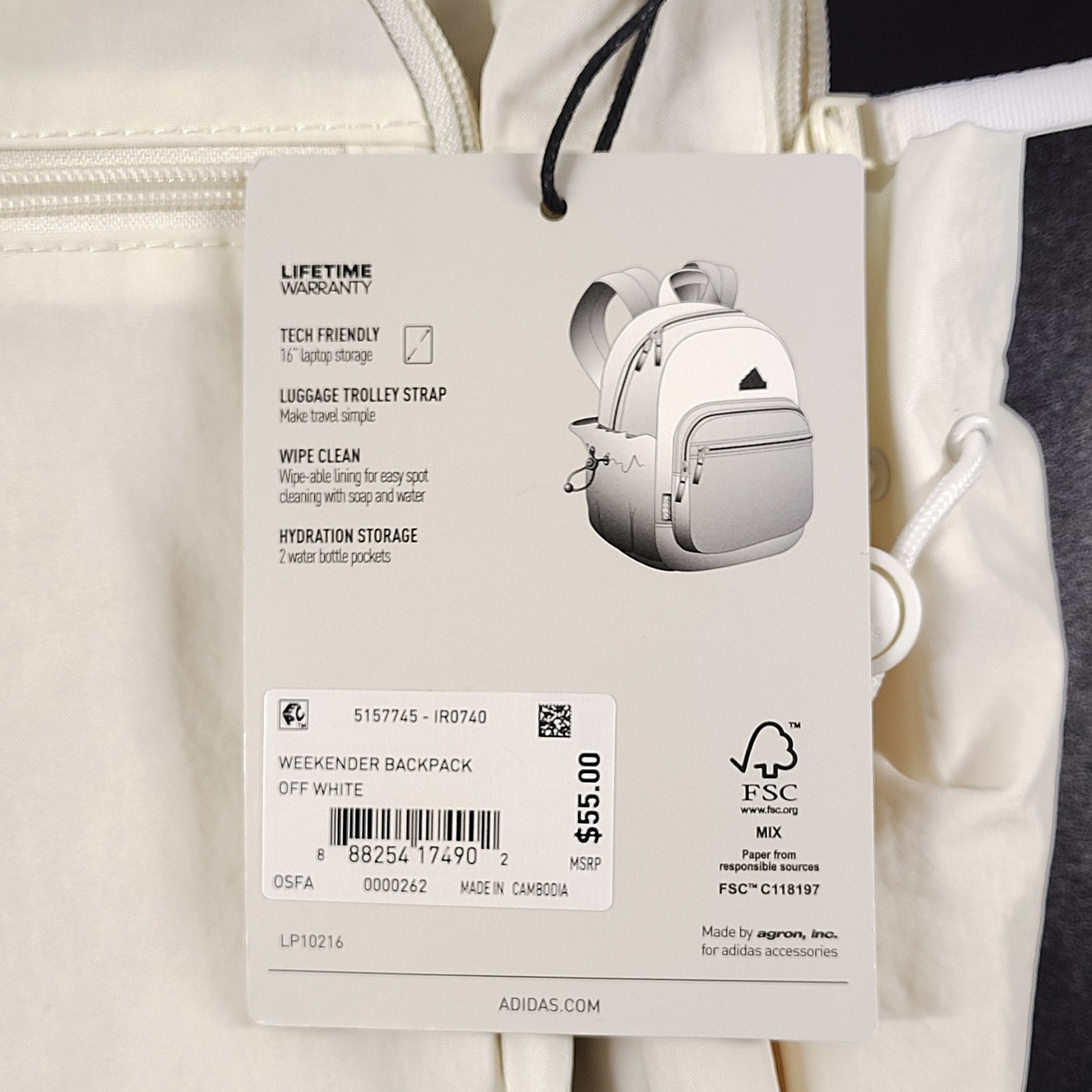 adidas Weekender Backpack White OSFA Laptop Sleeve Bottle Pocket Trolley Strap