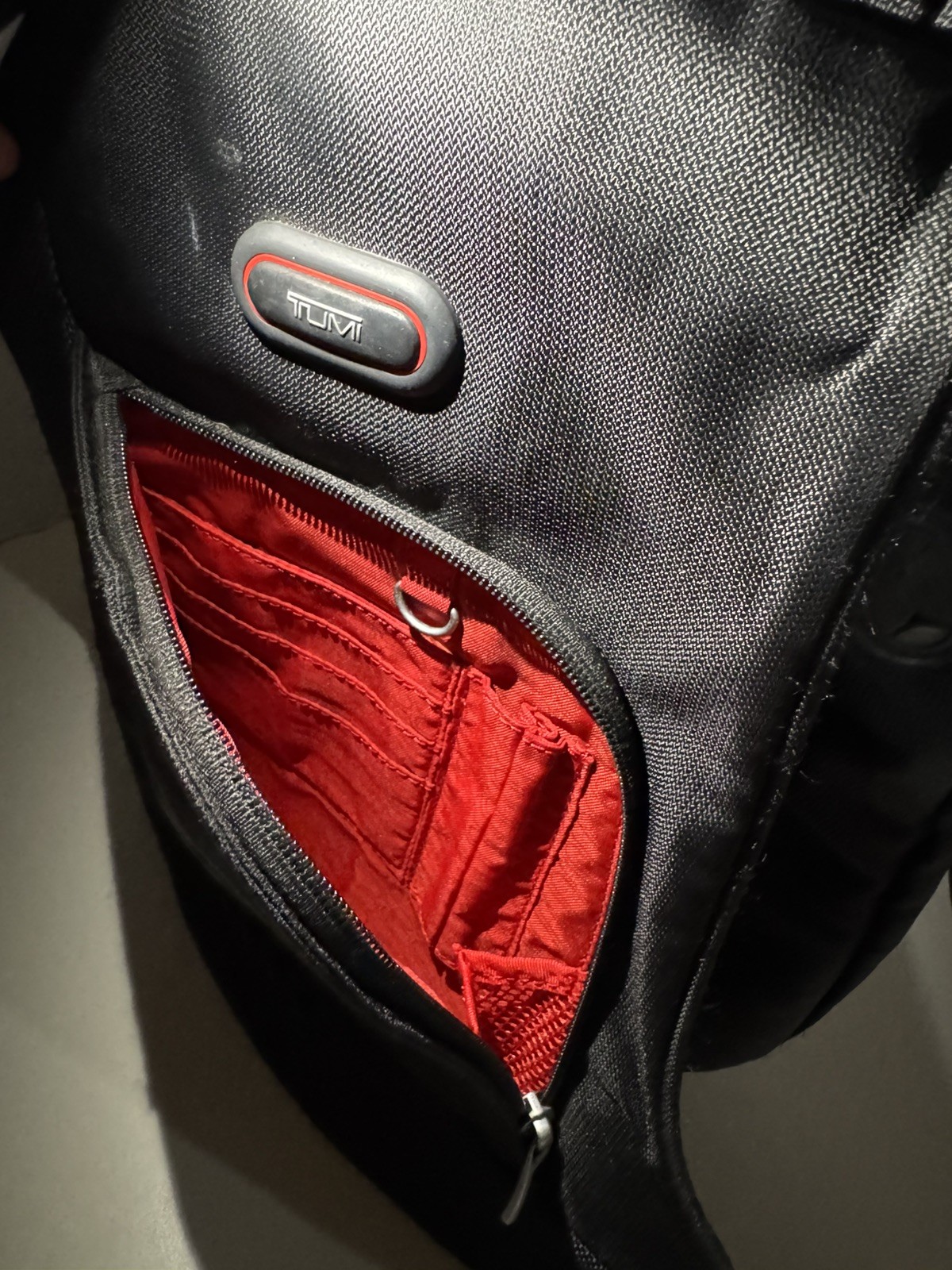 Tumi T-Tech Sling Backpack Black Red Crossbody Messenger Bag Tech Travel Commute