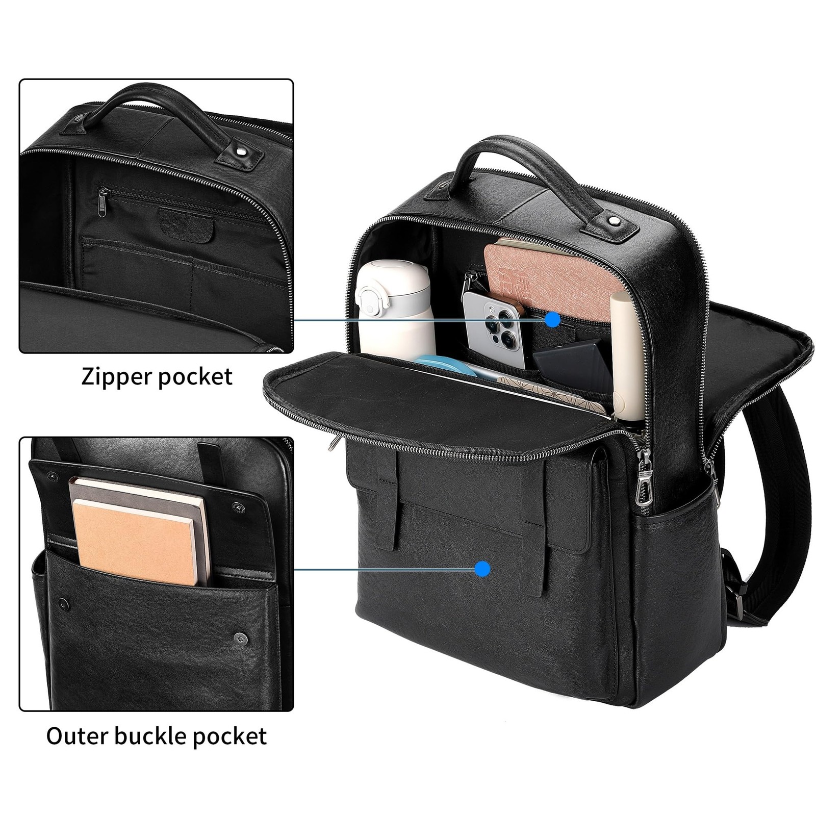 Men’s Black Leather Backpack for Work Travel, Durable Genuine Leather Laptop …