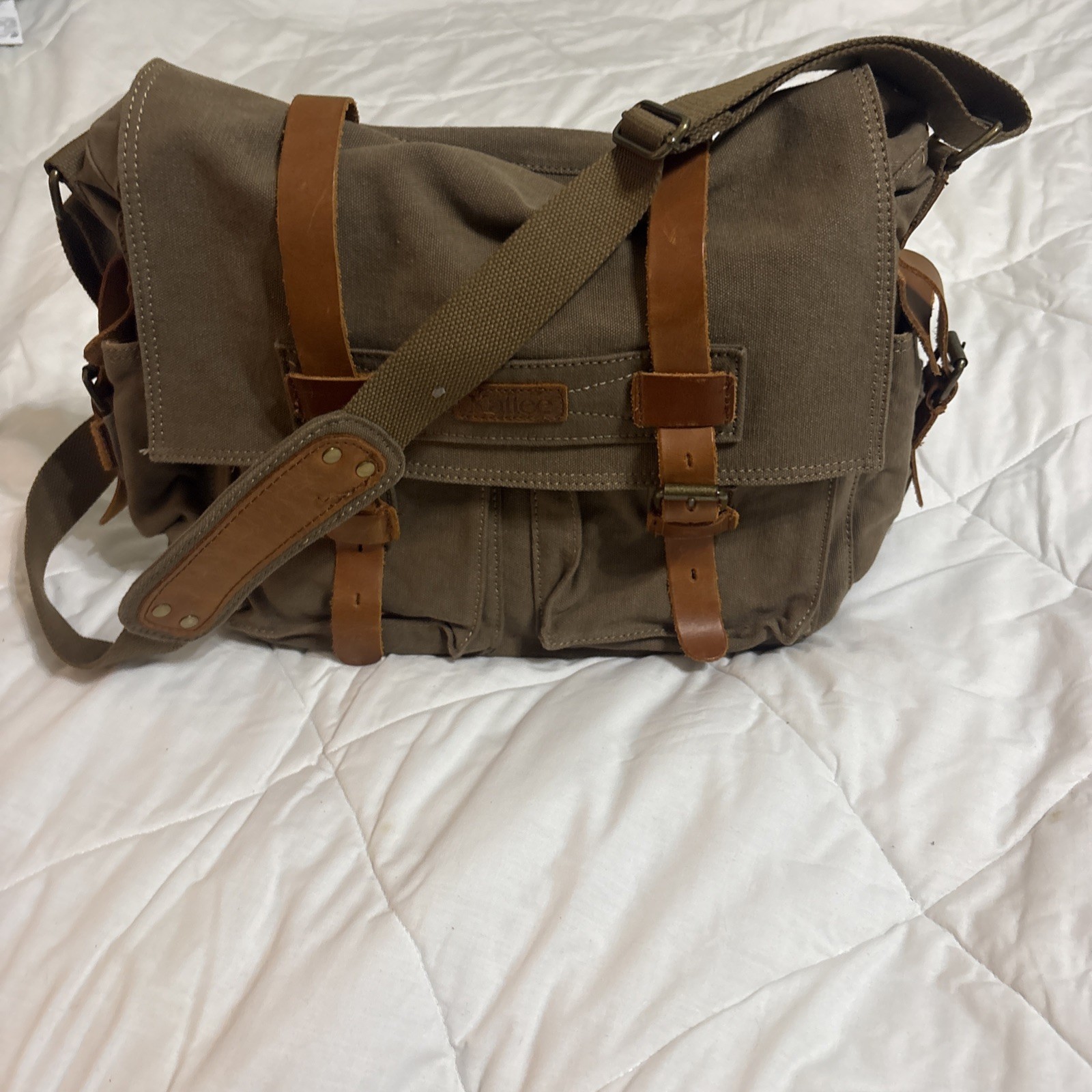 Kattee Canvas Messenger Bag Brown Leather Straps Snap Buckle Zip Adjustable Flap