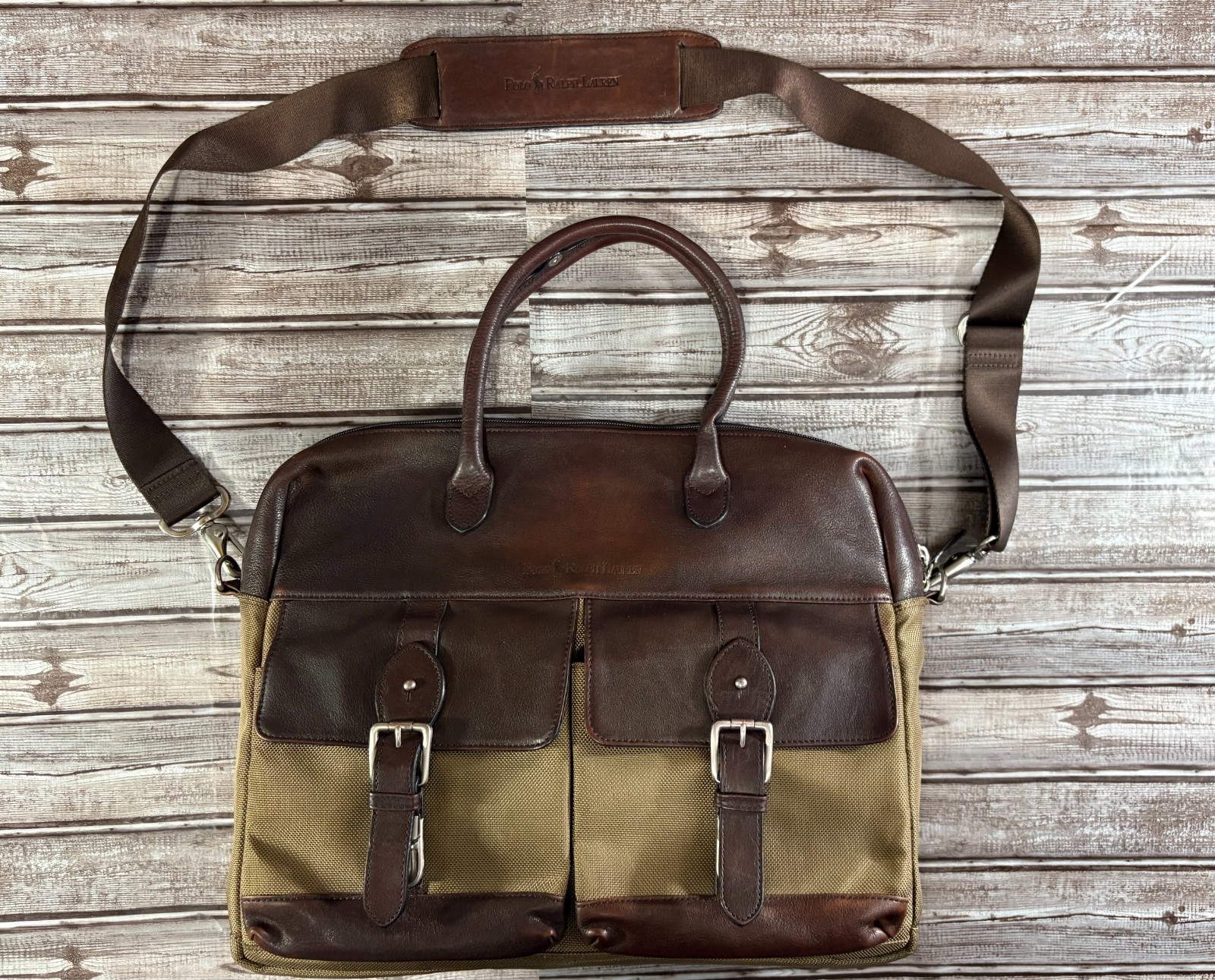 Polo Ralph Lauren Leather Canvas Heritage Logo Messenger Laptop Bag Brown Khaki
