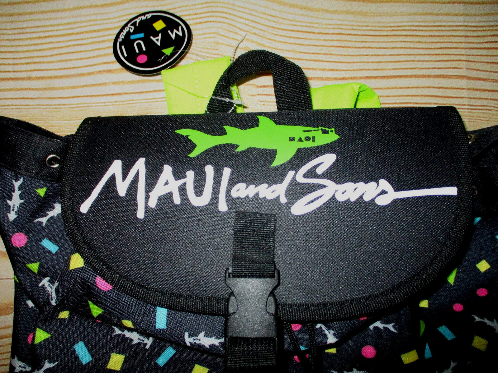 MAUI AND SONS SHARKS ALL OVER DRAWSTRING BLACK BAG SACK PACK BACKPACK