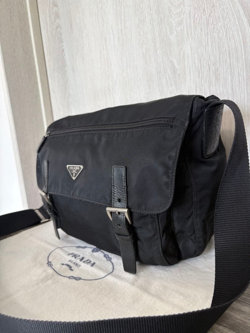 PRADA Shoulder Bag Tessuto Nylon Leather Triangle Logo Black Excellent Condition