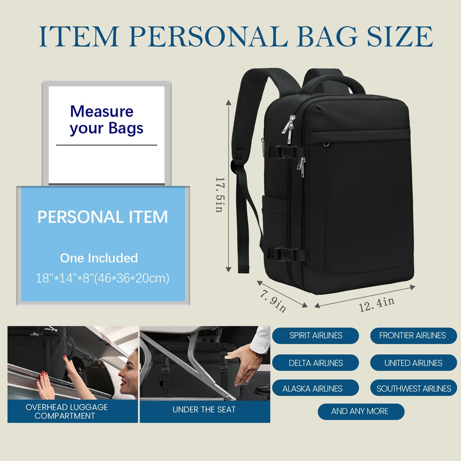 for Spirit Airlines Personal Item Bag 18x14x8 Inches Travel Bag Mens Travel B…