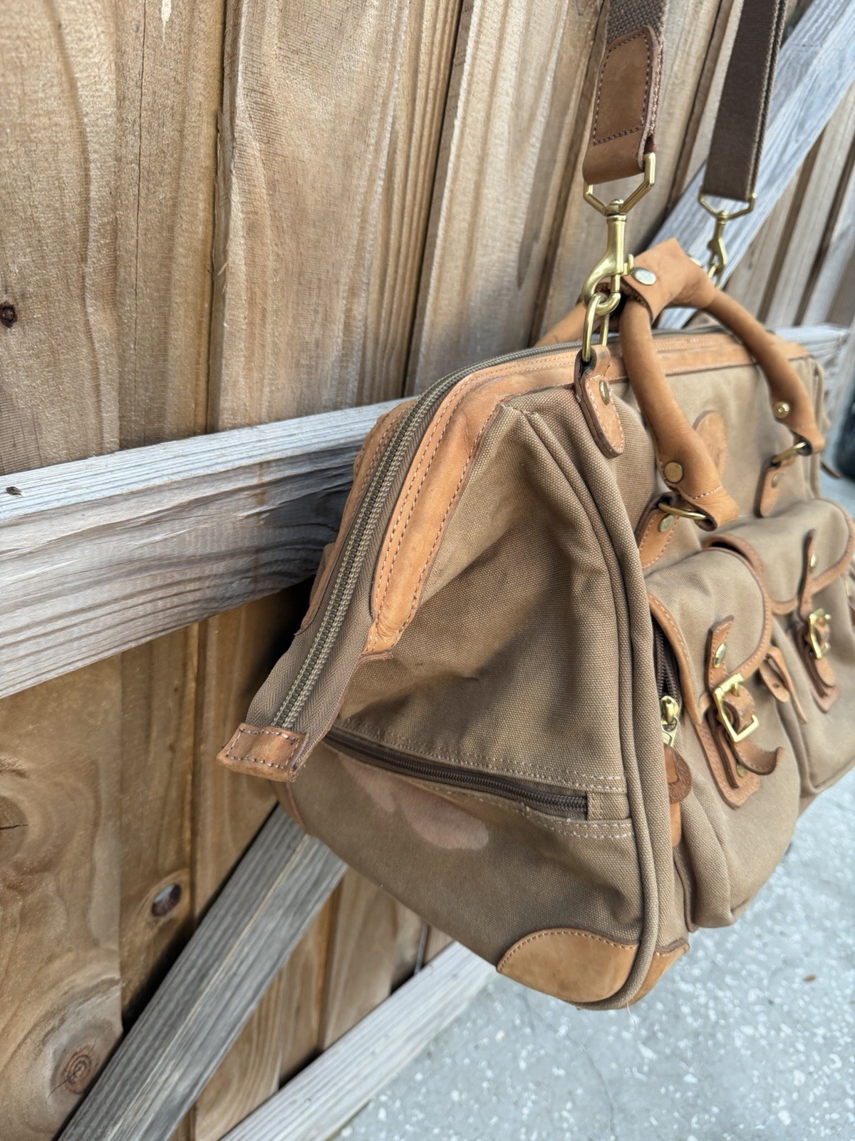 Orvis Canvas & Leather Zip Travel Duffle Bag Canvas Leather Large Brown Khaki