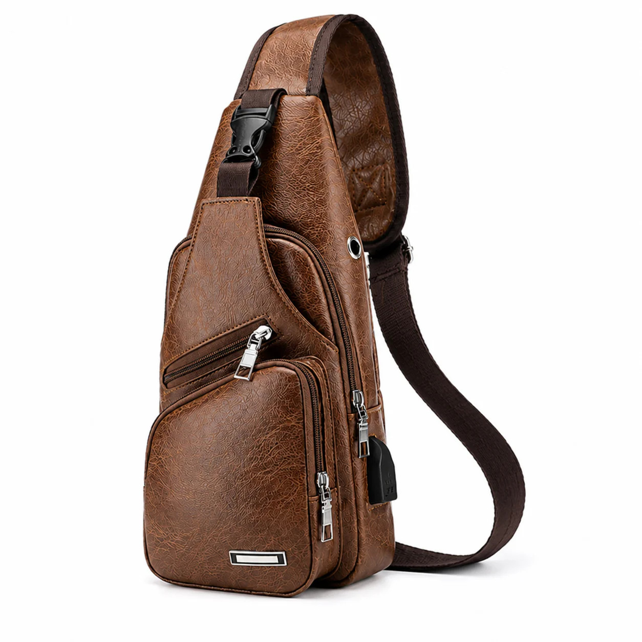 Men’s Brown Sling Backpack Crossbody Chest Bag with USB Charging Port