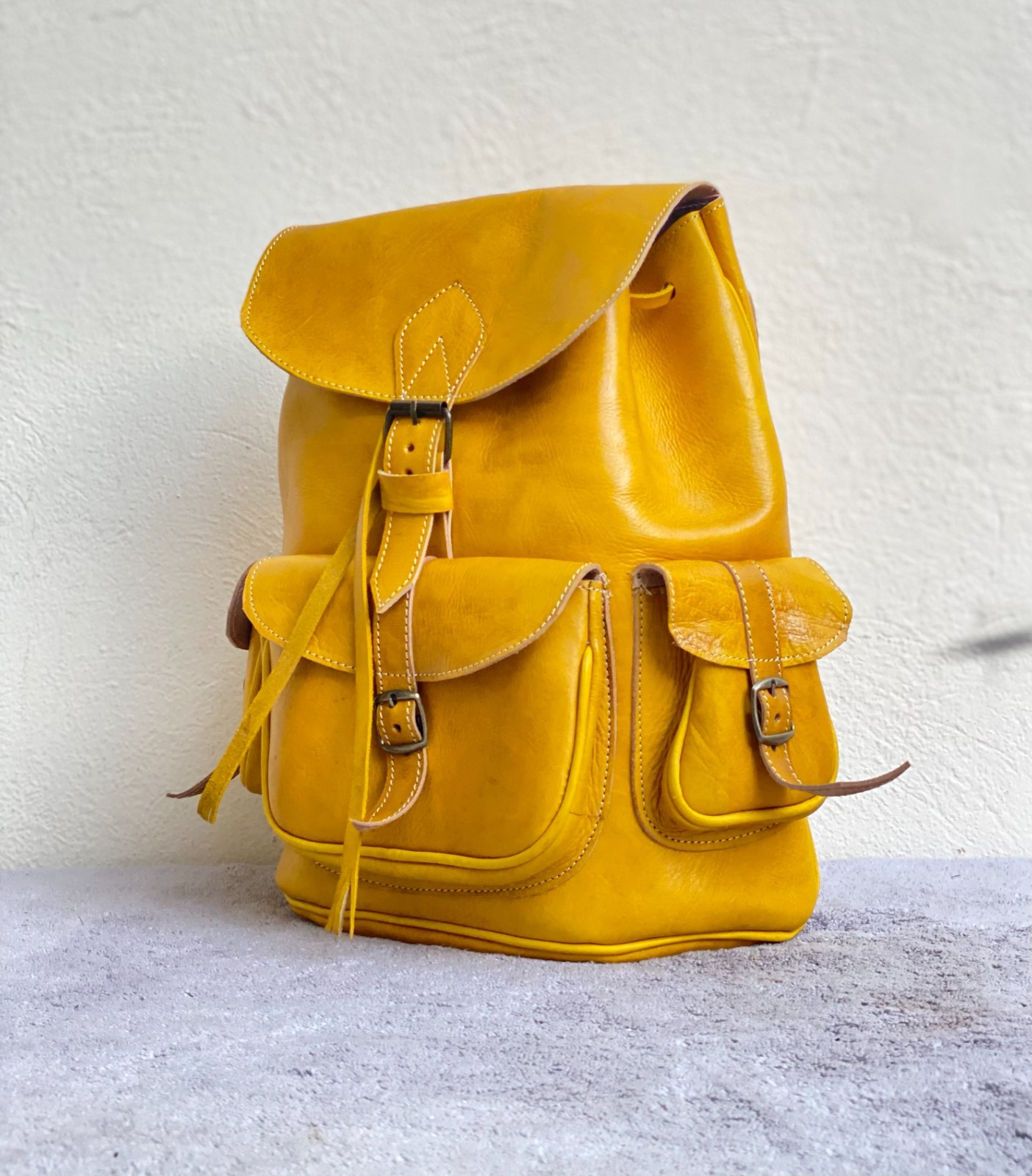 Yellow Leather Backpack Handmade Morocco Belt Buckle Front Back Pocket