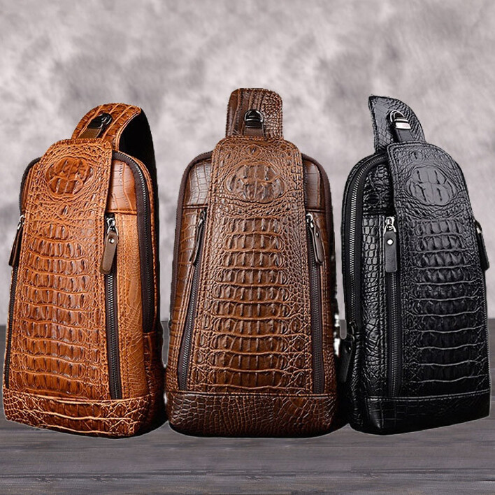 Sling Backpack Men’s Genuine Leather Crocodile Crossbody Chest Bag Sport Daypack