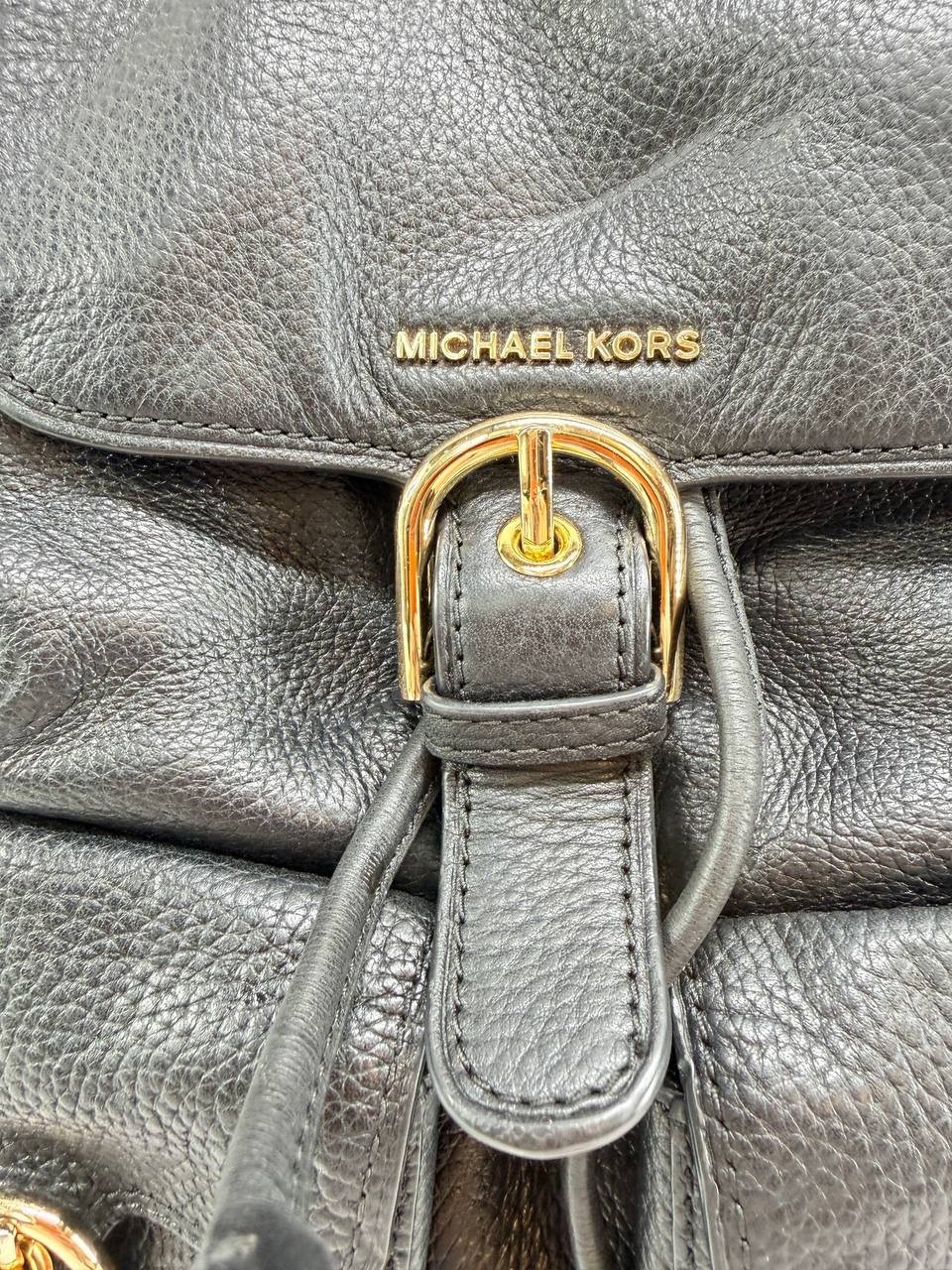 Michael Kors Black Pebbled Leather Backpack Drawstring Flap Pocket Bag Women