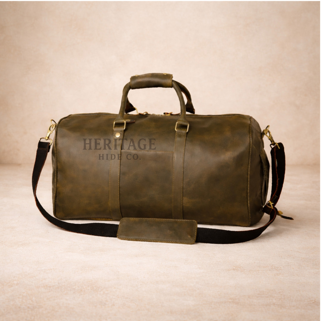 Dark Olive Full Grain Leather Duffle Bag For Travel,Gym,Leather Bag For Men