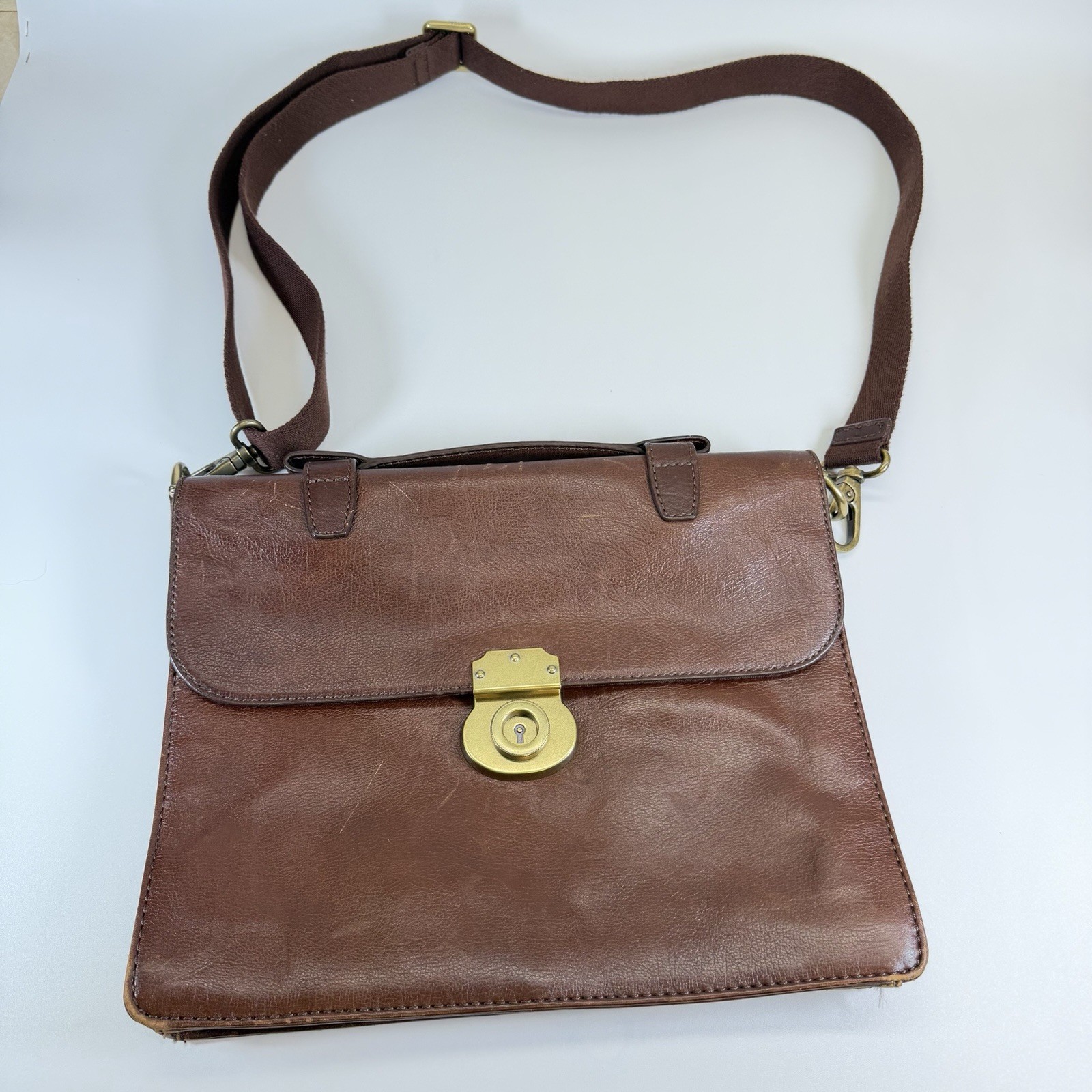 Fossil Estate Brown Leather Portfolio Small Briefcase Messenger Bag Lock Design