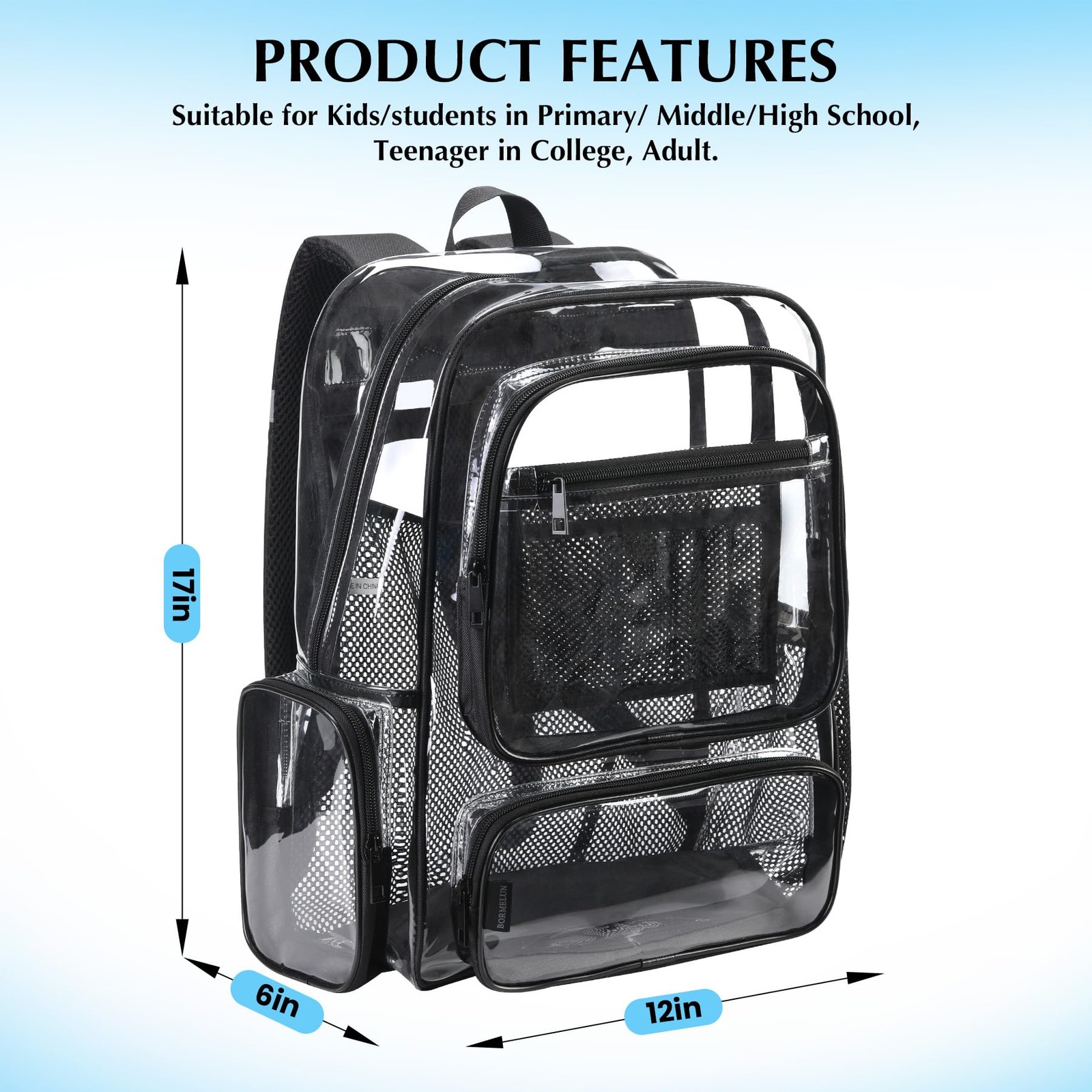 Heavy Duty Clear Transparent Backpack School Stadium Travel Work Men Women Bag