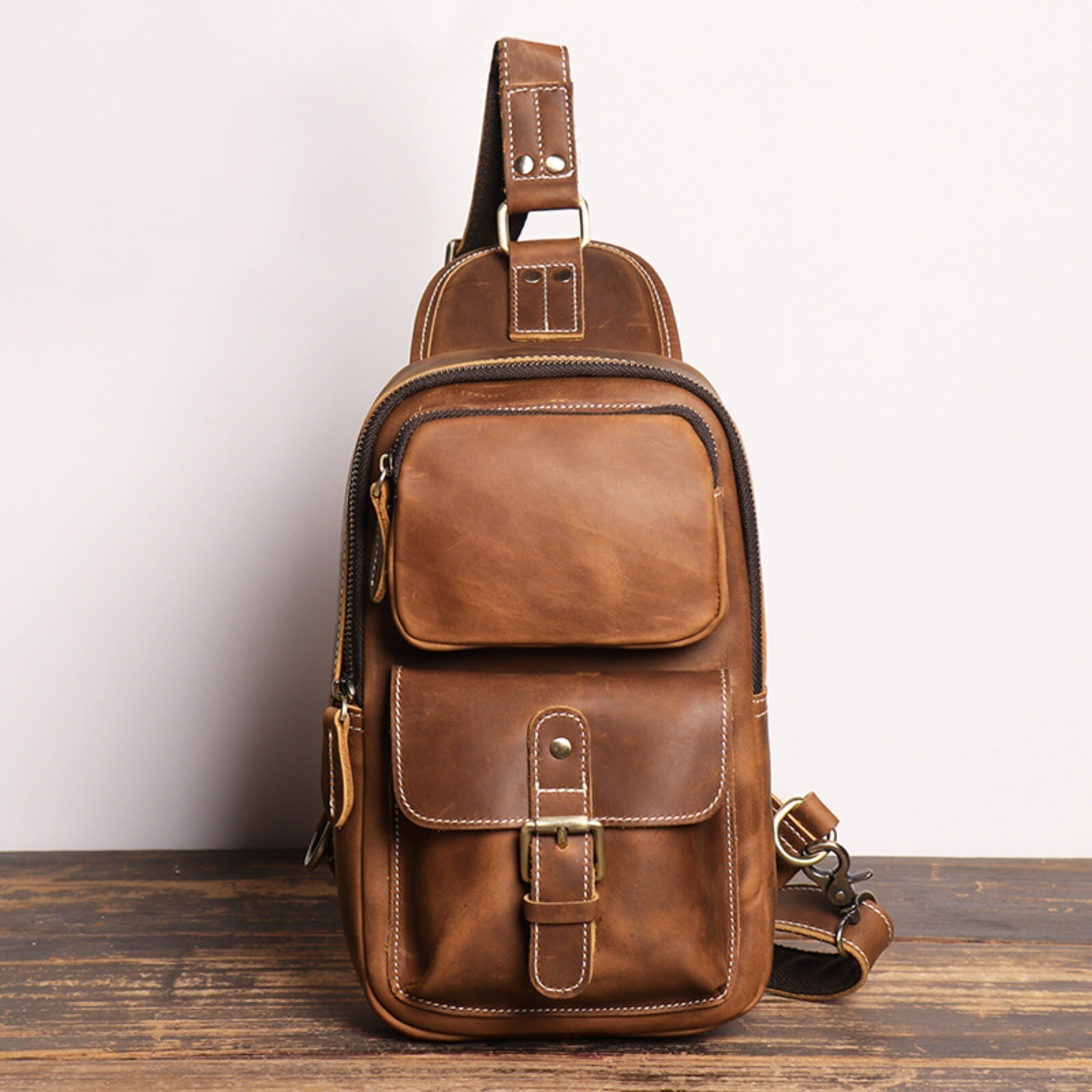 Men’s Leather Sling Bag Chest Pack Retro Adjustable Shoulder Strap
