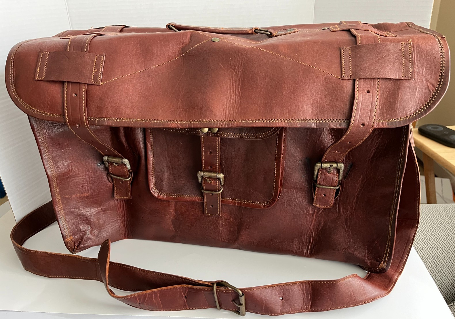 Large Brown Leather Messenger Bag with Buckled Pockets & Zip Top, Made in India