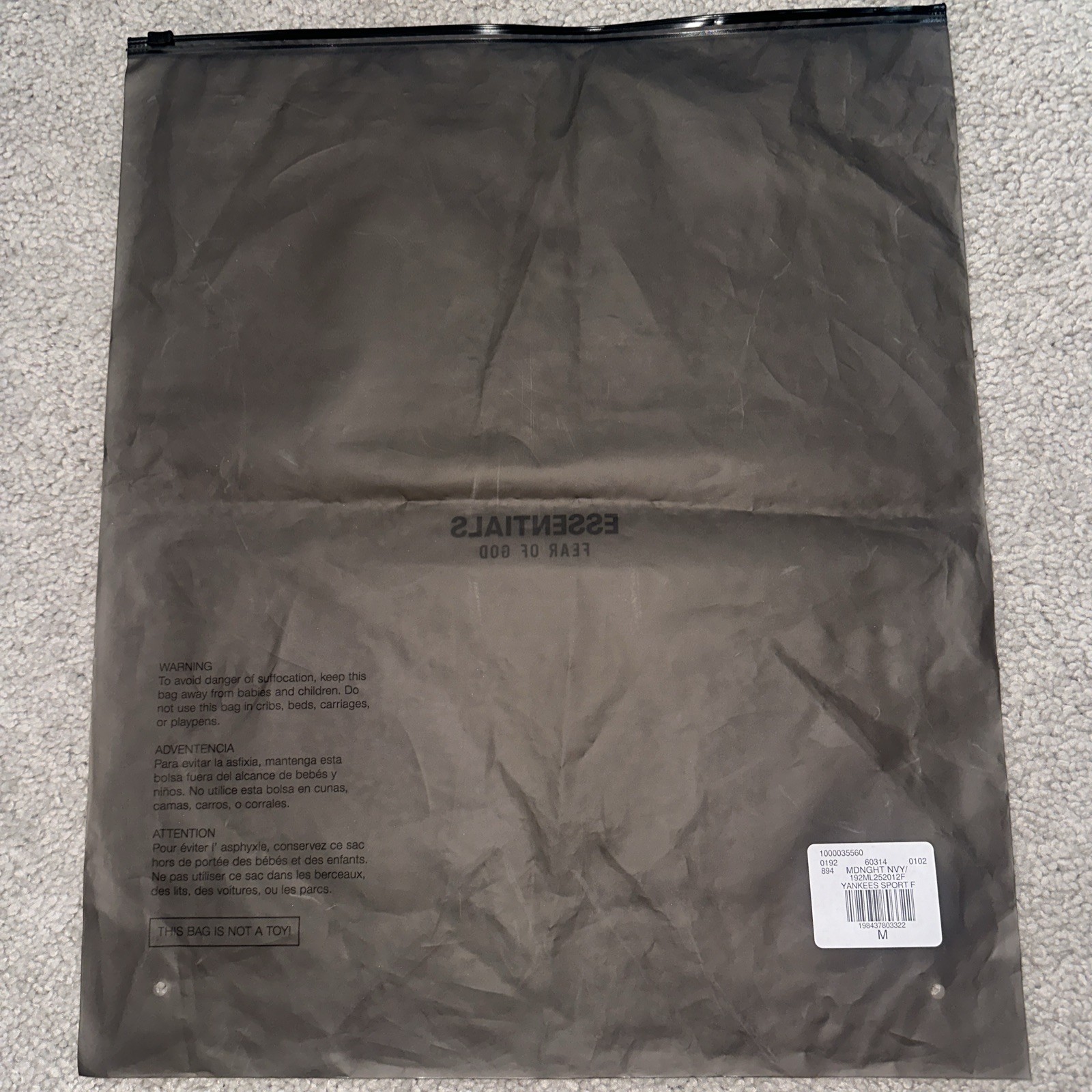 FEAR OF GOD ESSENTIALS Ziplock Retail Storage Bag Only Grey